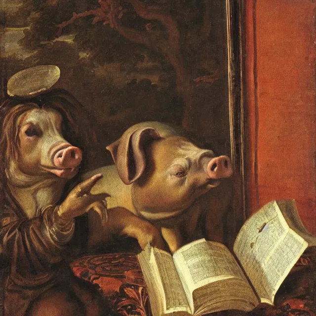 Image similar to baroque dutch painting from 1 6 7 0 of a pig reading a book