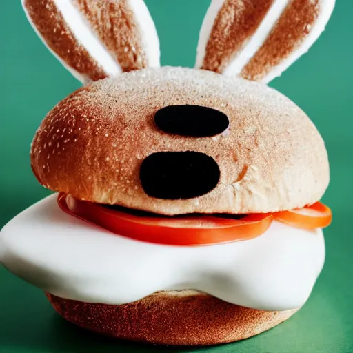 Image similar to burger but the buns are a white bunny with black spots on their face and nose, 50mm, professional photography,
