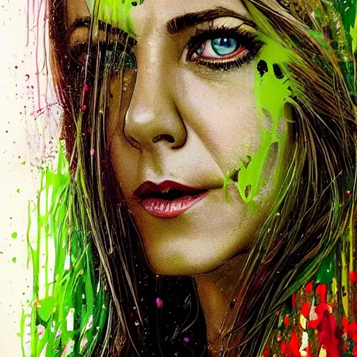 Image similar to a Demon Slayer portrait of Jennifer Aniston, tall, pale-skinned, slender with lime green eyes and long eyelashes by Stanley Artgerm, Tom Bagshaw, Arthur Adams, Carne Griffiths, trending on Deviant Art, street art, face enhance, chillwave, maximalist, full of color, glittering