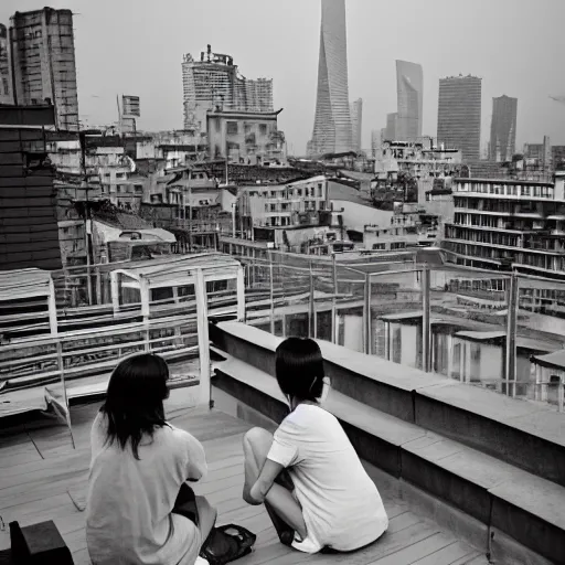 Prompt: a small rooftop with a couple of modern subculture teenagers standing and talking to each other, wearing black modern clothes, modern shanghai bund is on the background, sunset, by gregory crewdson