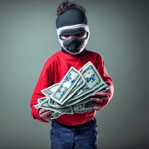 Prompt: A stunning beautiful full body photograph of kid in a ski mask holding two full bags of cash, from Time magazine, award winning, taken with Sony alpha 9, sigma art lens, full body shot