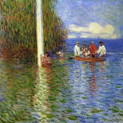 Prompt: an art gallery displaying monet paintings. the art gallery is flooded. robots are going around the art gallery using paddle boards.