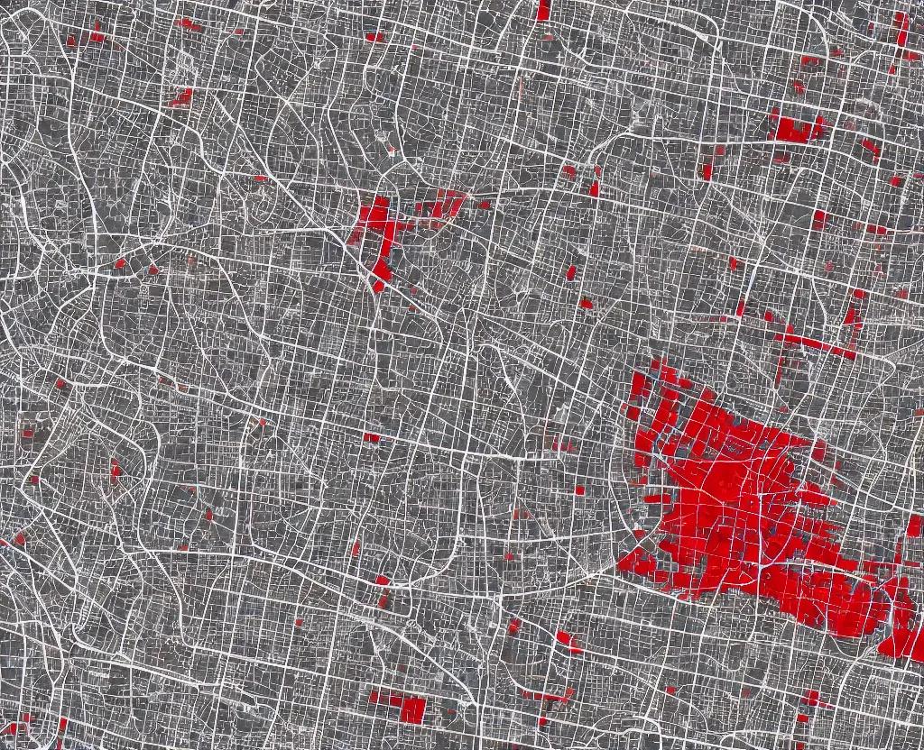 Prompt: multitude of red circles cover a Vector AntiqueWhite on DarkGrey Streets Satellite Map, vector graphics, 8k, mapbox
