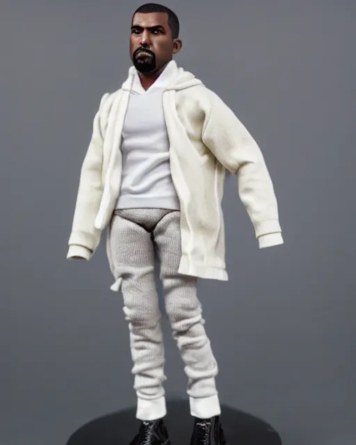 Image similar to 1970s action figure of Kanye West, product photography, plastic toy, white background, isolated background, studio lighting