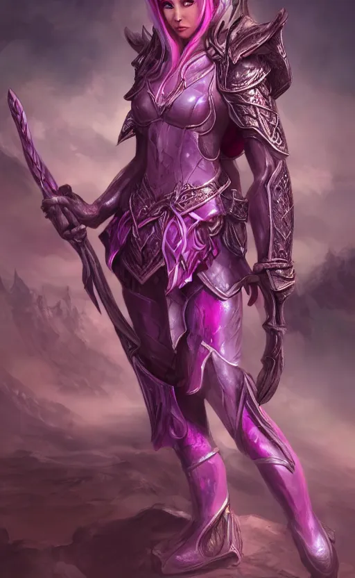 Image similar to a full body portrait of an elven woman with pink skin, and armor fit for a queen, wearing purple headphones, and smiling, dynamic lighting, photorealistic fantasy concept art, trending on art station, stunning visuals, creative, cinematic, ultra detailed