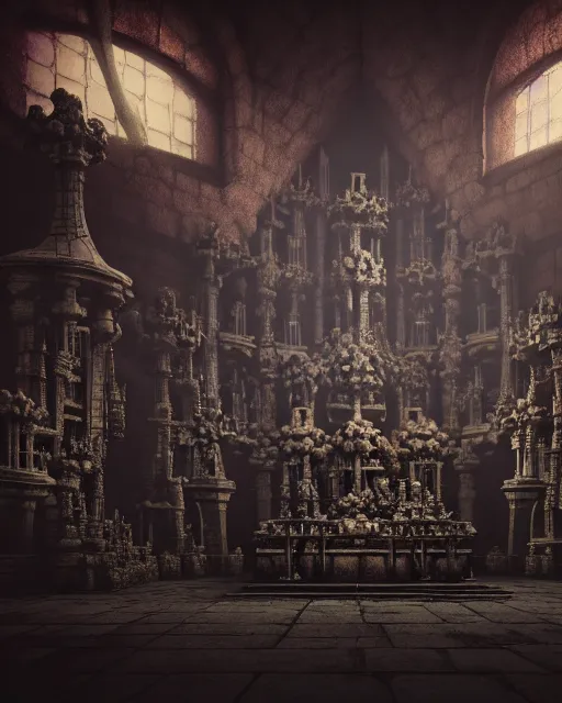 Image similar to full color, low ultrawide interior shot of sedlec ossuary, bones, anime style mixed with fujifilm, dark, foggy, atmospheric, artstation, cgsociety, octane render, cgi, denoise, detailed, cinematic masterpiece