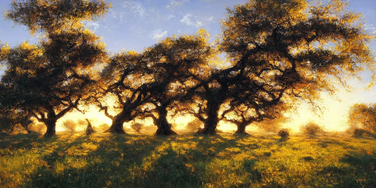 Image similar to a beautiful, stunning landscape with giant oak trees in spring during sunset by craig mullins