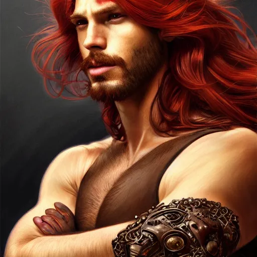 Image similar to portrait of a panther with a humanoid face, male, handsome, masculine, full body, red hair, long hair, soft hair, fantasy, intricate, elegant, highly detailed, suit, coffee shop, digital painting, artstation, concept art, character art, smooth, sharp focus, illustration, art by artgerm and greg rutkowski and alphonse mucha