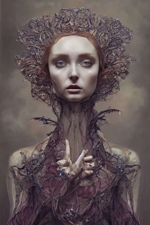 Prompt: an intricate realistic oil painting of a fashion model resembling lily cole, wearing avant garde fashion, clothing by alexander mcqueen, clothing by iris van herpen, headspace, runway, by tom bagshaw, by karol bak, emil melmoth