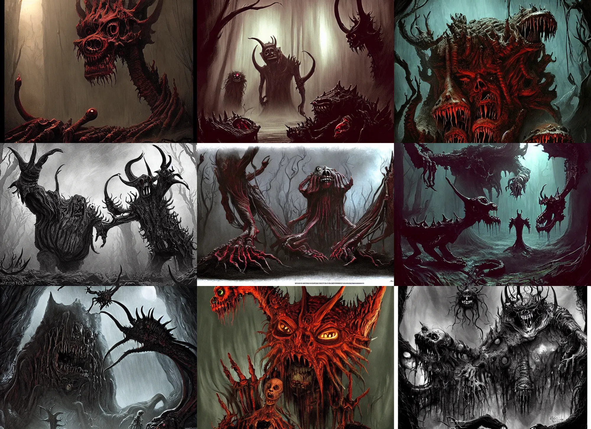 Prompt: an eerie uncanny hell with strange eerie magical scary creatures, horror, concept art, award - winning, by guillermo del toro