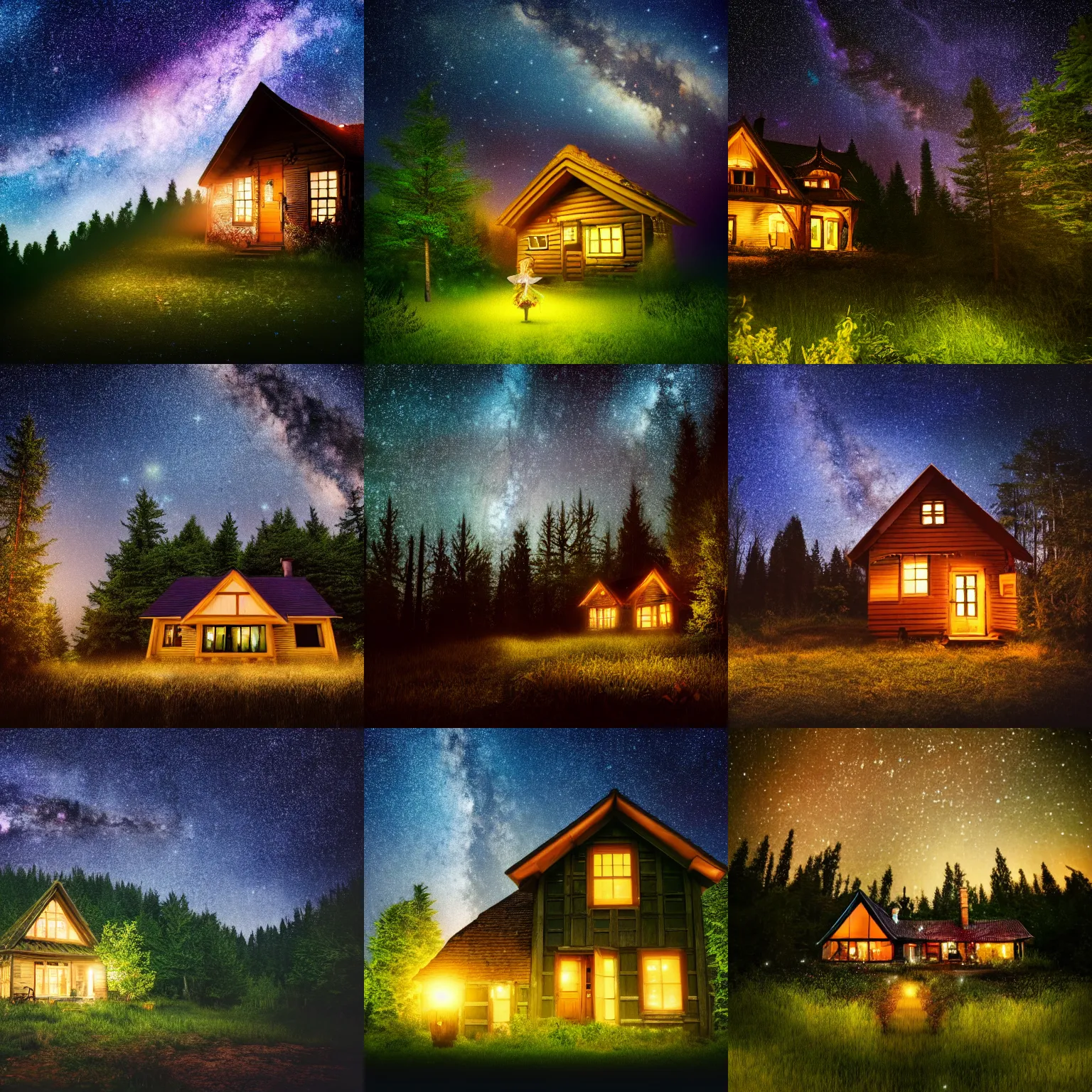 Prompt: a photo of house in the forest, night, starry sky, a fairy in front of the house, hazy, 8k