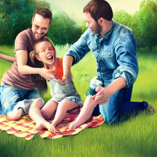 Prompt: happy family on picnic hyper realistic digital illustration