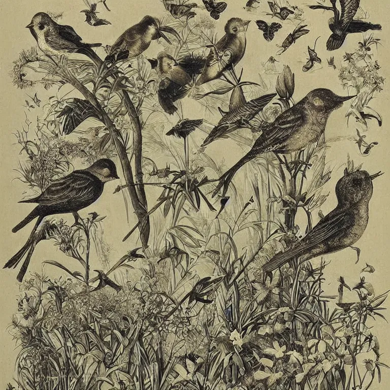 Prompt: garden with birds, by ernst haeckel :: pyrography :: very beautiful! dreamy, poetic, melancholy