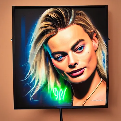 Image similar to 3 d neon art of margot robbie portrait, hyper detailed, 3 d render