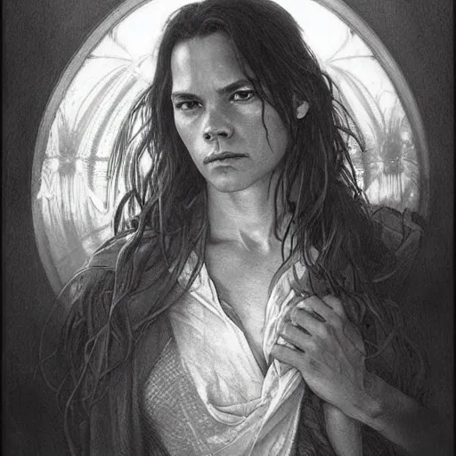 Image similar to amazing lifelike award winning pencil illustration of river phoenix intense eyes trending on art station artgerm Greg rutkowski alphonse mucha cinematic