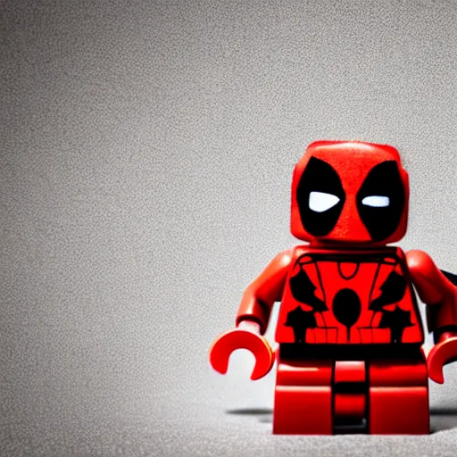 Image similar to deadpool as lego character, bokeh, photo, hyperrealistic, detailed textures and soft studio lighting, soft shadows, sharp focus, extreme detail, hyper realistic, award winning photo