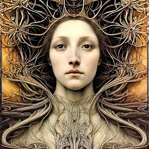 Image similar to detailed realistic beautiful young medieval queen face portrait by jean delville, gustave dore, iris van herpen and marco mazzoni, art forms of nature by ernst haeckel, art nouveau, symbolist, visionary, gothic, pre - raphaelite, horizontal symmetry, fractal lace, memento mori