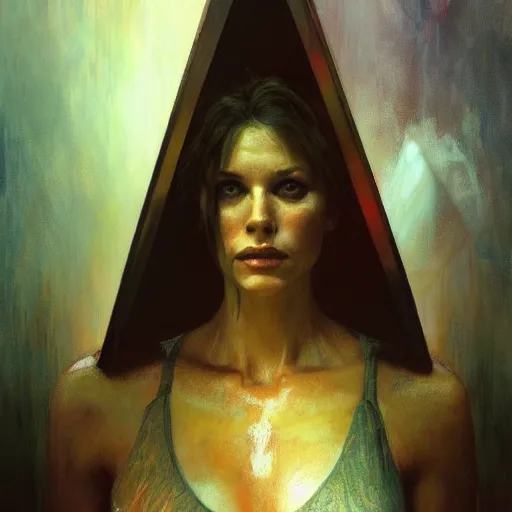 Prompt: hyperrealist portrait of pyramid head by jeremy mann and alphonse mucha, fantasy art, photo realistic, dynamic lighting, artstation, poster, volumetric lighting, very detailed faces, award winning