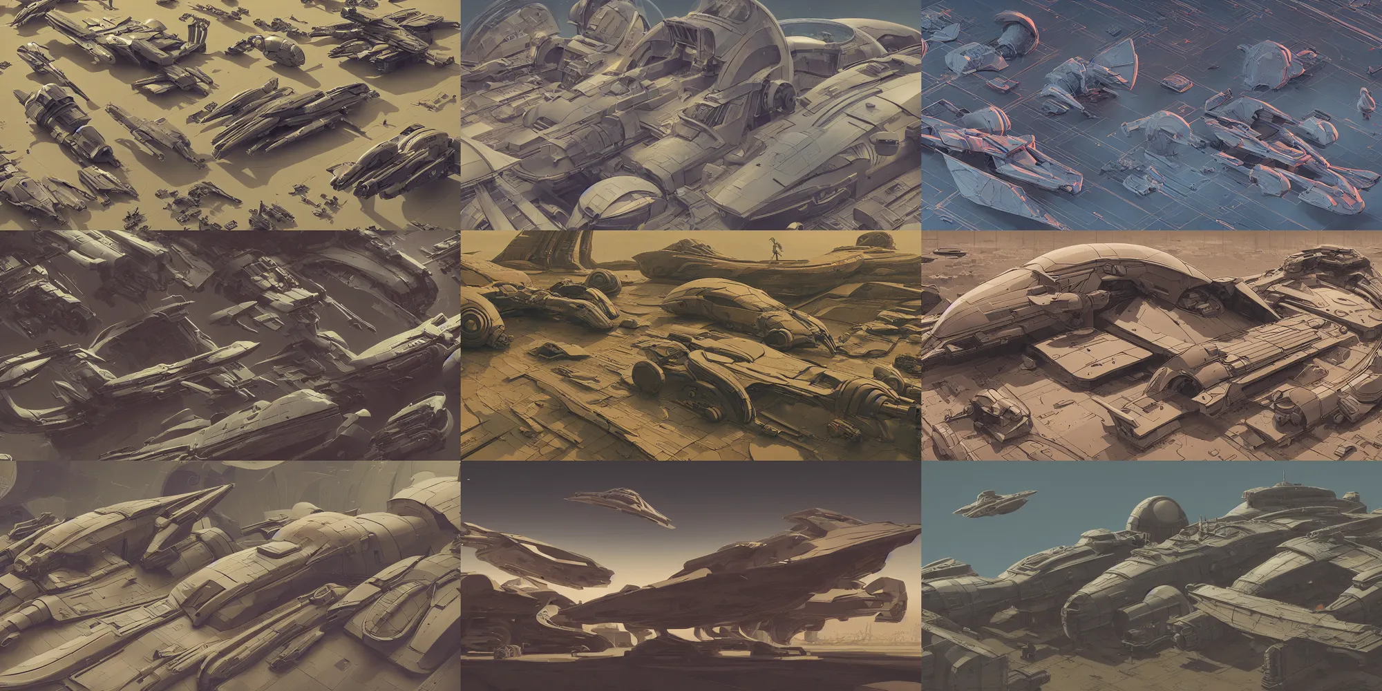 Prompt: collection of exploration of form and shapes, in style of moebius, props, hard surface, panel, simon stalenhag, kitbash, items, gadget, big medium small, close up, greebles, spaceship, vehicles, speeder, pod racer, syd mead, george lucas