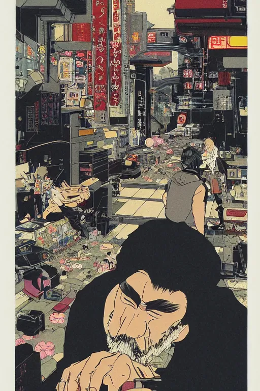 Image similar to awe-inspiring 1980s Japanese cyberpunk style illustration of a grandfather with a beard sitting on the floor by Masamune Shiro and Katsuhiro Otomo, studio ghibli color scheme, dark, complex