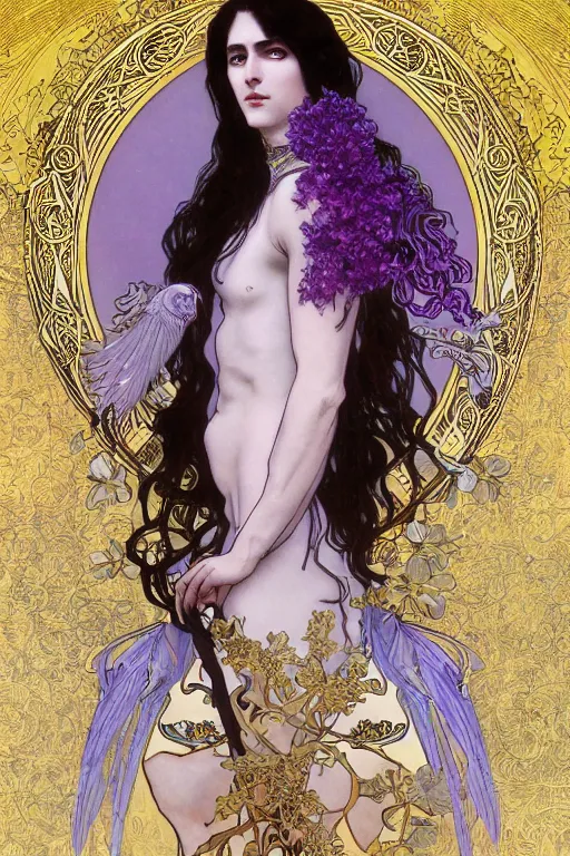 Image similar to thanatos, beautiful male god of death, closed eyes, long hair, wearing ornate silk and lace clothes, gold jewelry, moon, purple feathers, by Alphonse Mucha, by artgerm, rule of thirds, super detailed, 8k