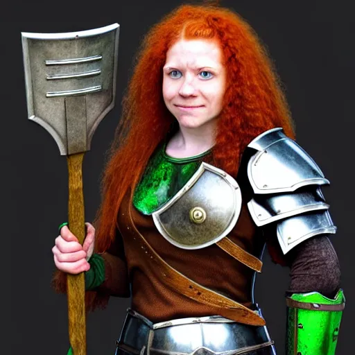 Image similar to dwarven woman, ginger hair, green eyes, holding hammer and shield with plate armour