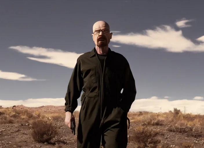 Image similar to film still of Walter White as Gordan Freeman wearing Black Mesa Jumpsuit in the Half Life Movie, 4k