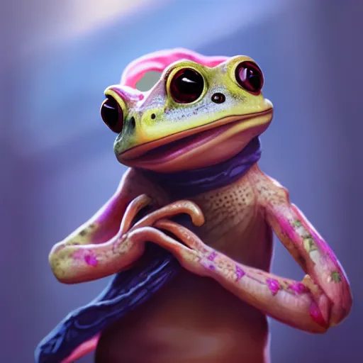 Image similar to cute, anthro gecko frog hybrid, wearing scarf, anime inspired, character art, illustration, sharp focus, octane render, 8 k, trending on artstation, cgsociety, art by artgerm.