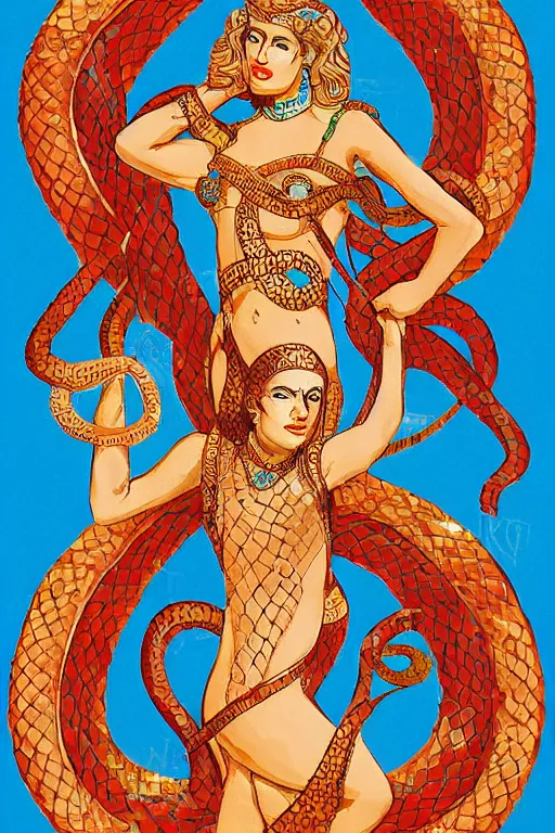 Prompt: Minoan snake goddess in the style of rosie the riviter yes we can poster, clean and detailed, and holding a snake