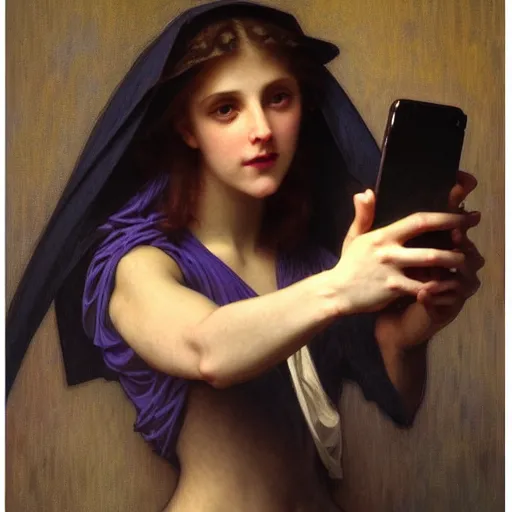 Image similar to dramatic cinematic scene of Death taking a selfie, modern, mucha, colorful, Inspired by William Adolphe Bouguereau, and Donato Giancola, mucha, purple, black, highly rendered, beautiful, cyberpunk, moody lighting, glowing light and shadow, atmospheric, studio lighting, 8K