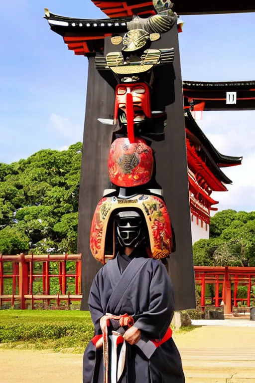 Prompt: a godlike and indomitable masked and helmeted samurai standing before a Torii gate with pride, the rising sun in the background. Photo realistic. Award winning. Ayahuasca, vibrant colors