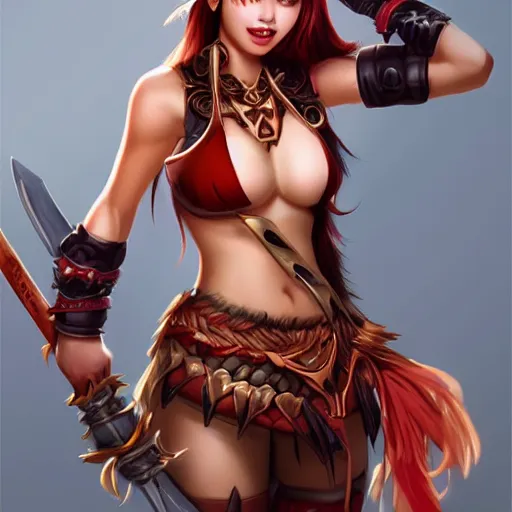 Image similar to very beautiful asian female barbarian, smiling, flirty, eye contact, perfect face, perfect body, drawn by artgerm