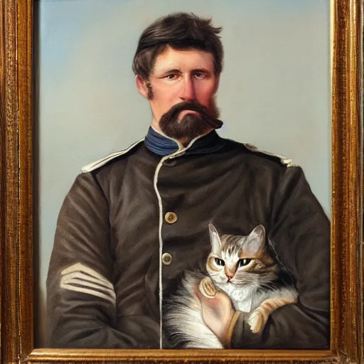 Prompt: oil painting of a civil war soldier holding a long - haired brown and white tabby cat