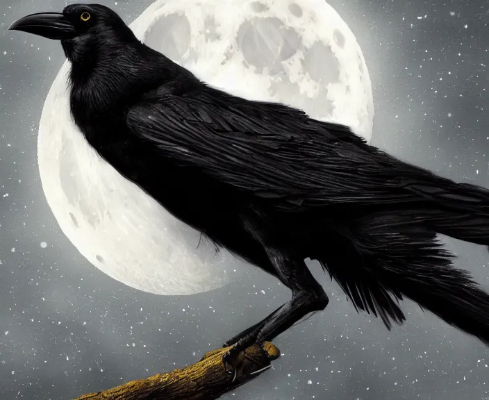 Prompt: a hyper-detailed fantasy wallpaper book cover, close-up portrait of a crow flying above a tree in front of the full big moon; an extraordinary masterpiece!!!; flawless; proud posture; photorealistic eyes; trending on artstation; f/1.4; 90mm