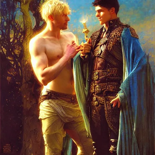 Image similar to attractive arthur pendragon with attractive male merlin the mage. they are in love. highly detailed painting by gaston bussiere, craig mullins, j. c. leyendecker