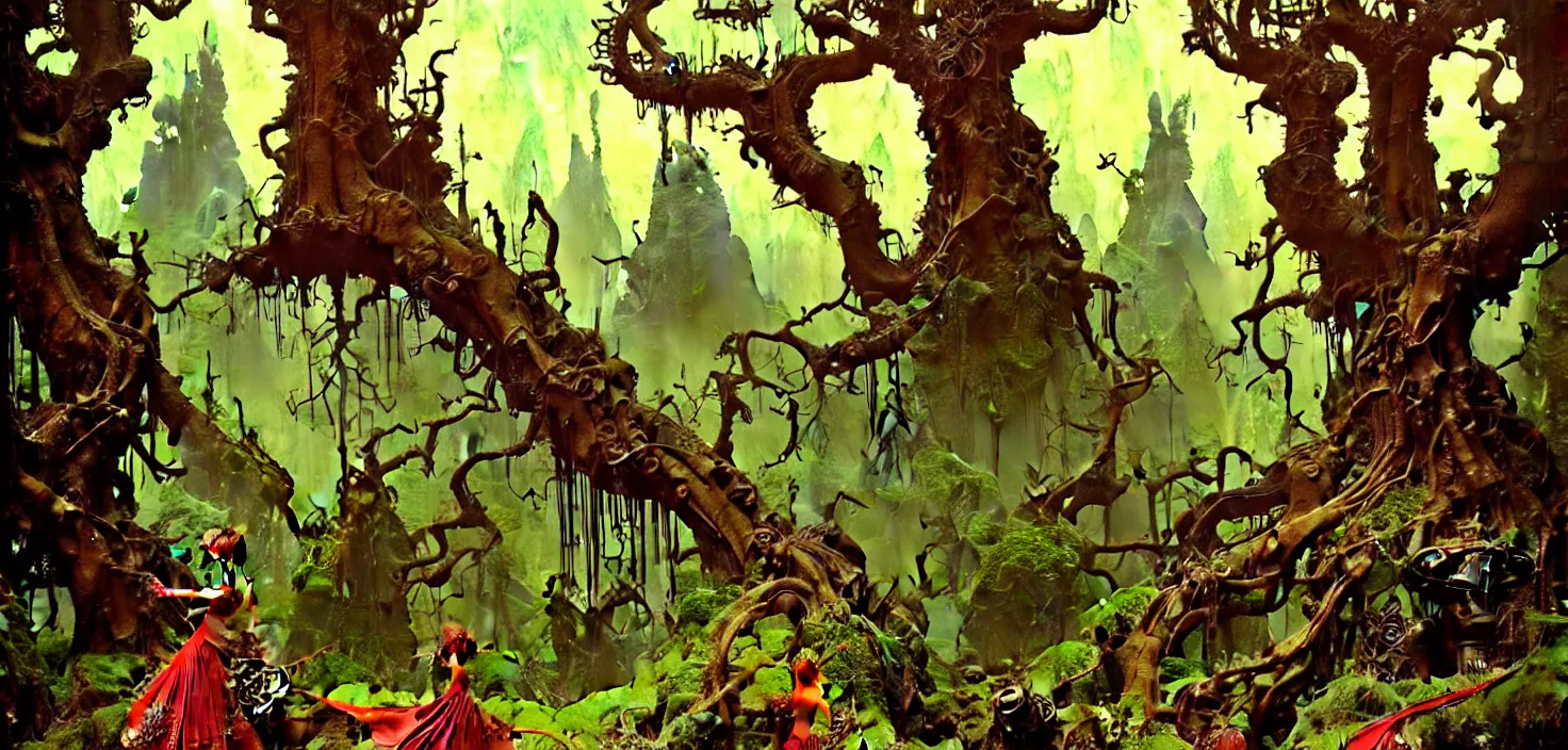 Prompt: exquisite imaginative fantasy landscape lush forests, gnarly trees, with steampunk castles movie poster by : : norman rockwell, sargent, james gurney weta studio, trending on artstation james jean frank frazetta
