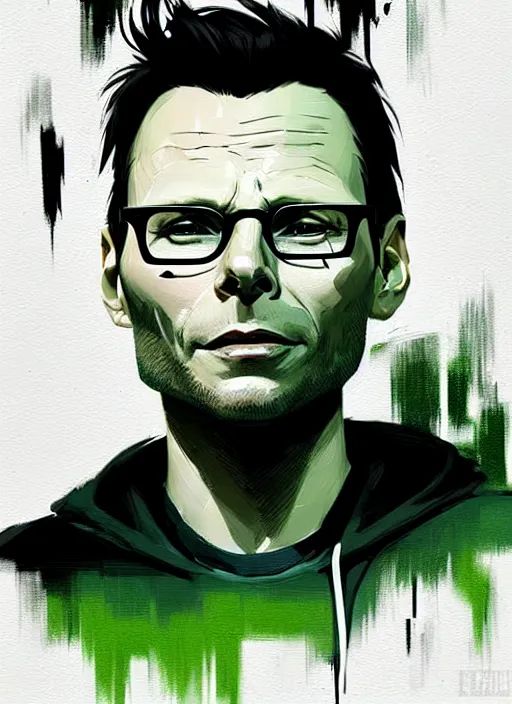 Prompt: highly detailed closeup portrait of beautiful christian slater as mr robot by atey ghailan, by greg rutkowski, by greg tocchini, by james gilleard, by joe fenton, by kaethe butcher, gradient green, black and white color scheme, grunge aesthetic!!! ( ( graffiti tag wall background ) )