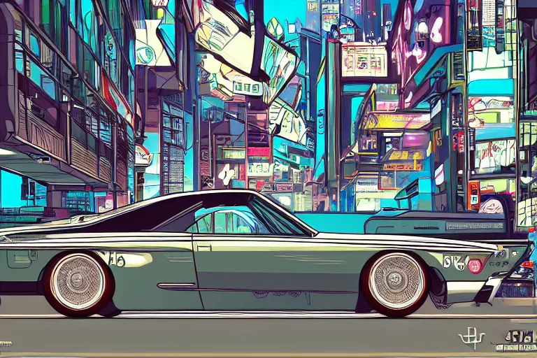 Image similar to 1965 Vector W8 Twin Turbo, city in anime cyberpunk style by Hayao Miyazaki