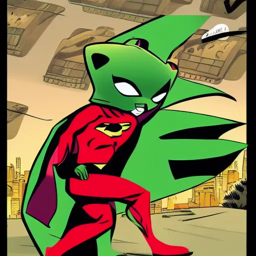 Image similar to A ferret is a superhero, cute green cape, black mask, red suit, he's fighting a villain, comic book art