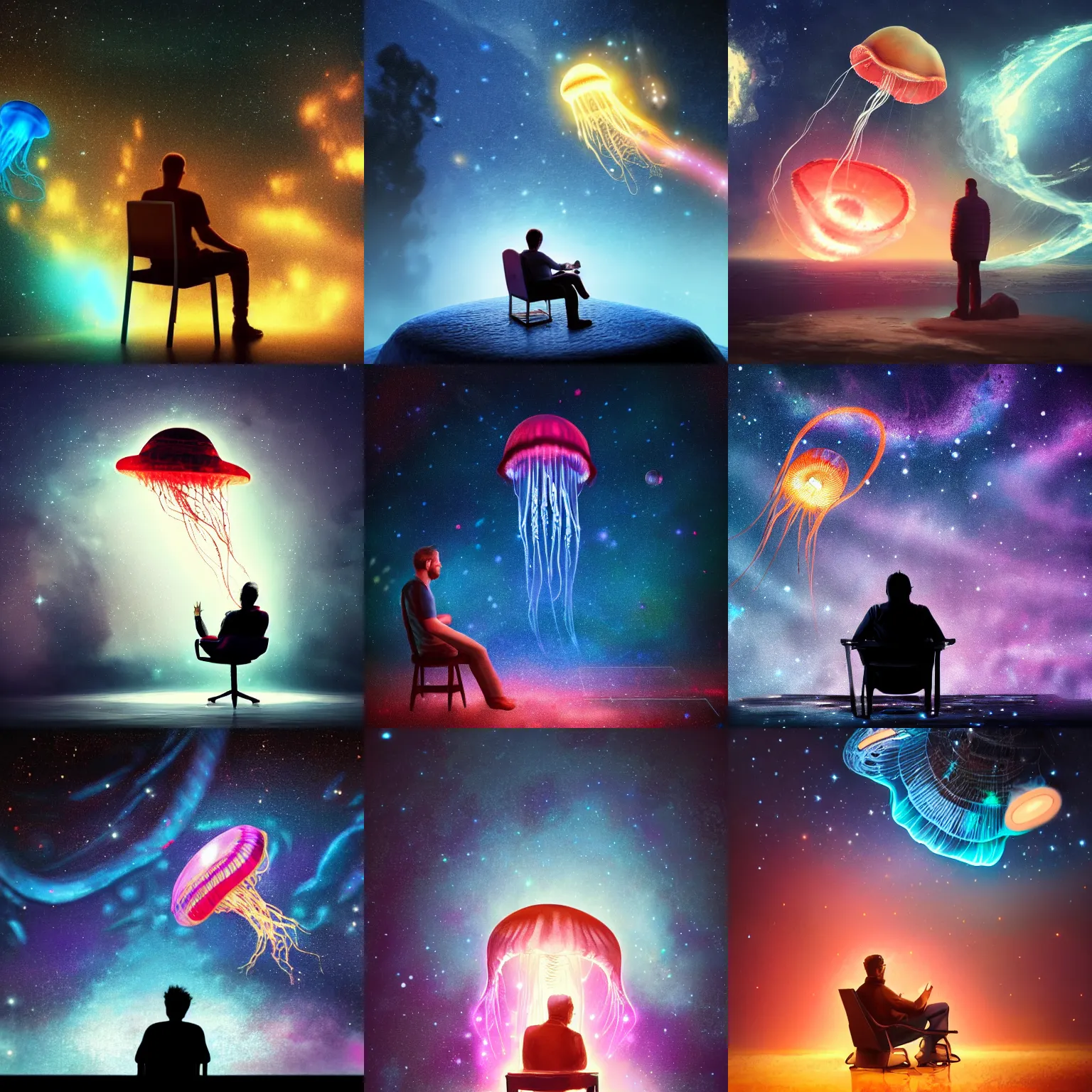 Image similar to over the shoulder photo of a man sitting on a chair while watching a magical glowing jellyfish in cosmic stardust, stars, galaxies, space, award winning photo, intricate, high detail, atmospheric, desolate, artstation