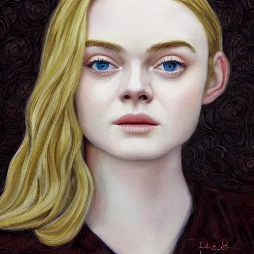 Prompt: professional painting of Elle Fanning in the style of David Ligare, head and shoulders portrait, symmetrical facial features, smooth, sharp focus, illustration, intricate, stormy weather, extremely detailed masterpiece,