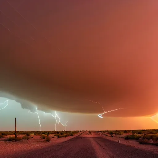 Prompt: hyperrealistic desert, power lines, landscape in West Texas, a mature supercell thunderstorm, illuminated at varying heights from the setting sun.