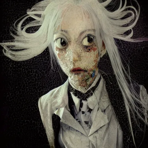 Image similar to yoshitaka amano blurred and dreamy realistic portrait of a woman with black eyes and white hair wearing dress suit with tie, junji ito abstract patterns in the background, satoshi kon anime, noisy film grain effect, highly detailed, renaissance oil painting, weird portrait angle, blurred lost edges, three quarter view