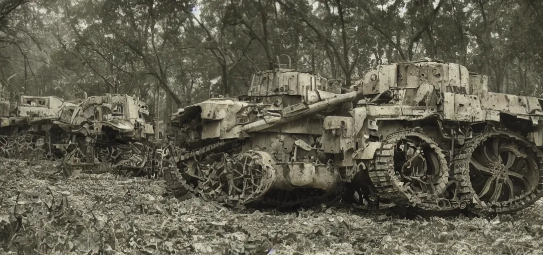 Prompt: the horrific machines of war are reclaimed by nature