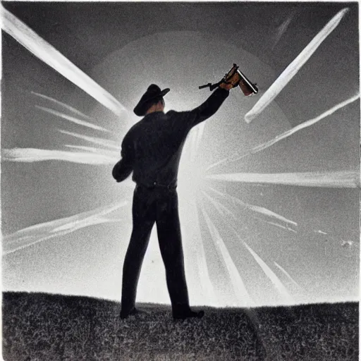 Prompt: a man with a pistol, shooting the sun out of the sky, surreal