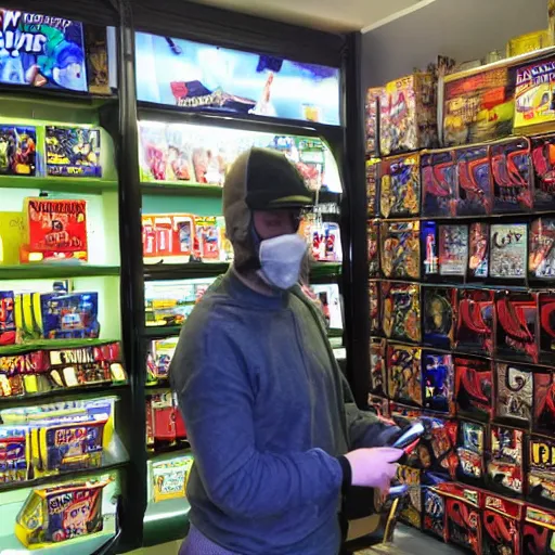 Prompt: Baldi shopping for video games in London.