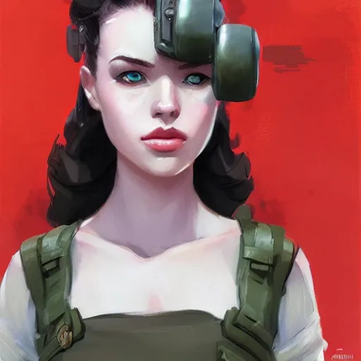 Image similar to portrait of beautiful muscilar girl with plump lips in team fortress 2 style, tragic, military art, concept art, fantasy, hd shot, digital portrait, beautiful, artstation, comic style, by artgerm, guy denning, jakub rozalski, magali villeneuve and charlie bowater