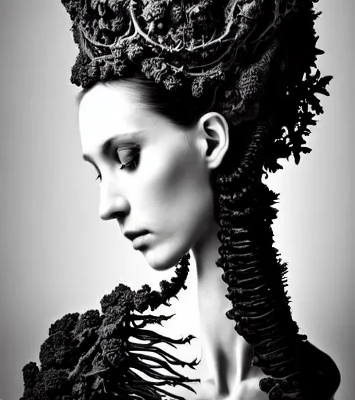 Image similar to dark background, a black and white high quality dreamy photo of a young beautiful female queen-vegetal-dragon-cyborg bust with a very long neck and delicate Mandelbrot fractal face, anatomical, facial muscles, veins, arteries, elegant, highly detailed, flesh highly baroque ornate, hair are curled wired cables, elegant, poetic, dreamy, mysterious, high fashion, rim light, in the style of Ellen von Unwerth, Realistic, Refined, Digital Art, Highly Detailed, Cinematic Lighting, rim light, black and white, photo-realistic, 8K