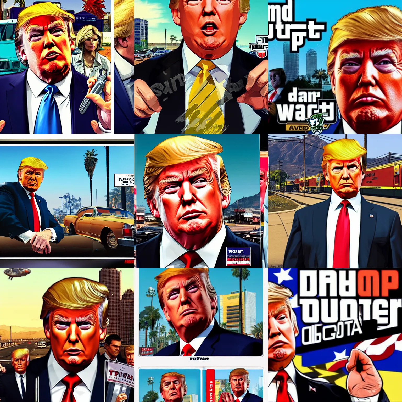 Prompt: Donald Trump in GTA V, Cover Art by Stephen Bliss, Boxart, Loading Screen