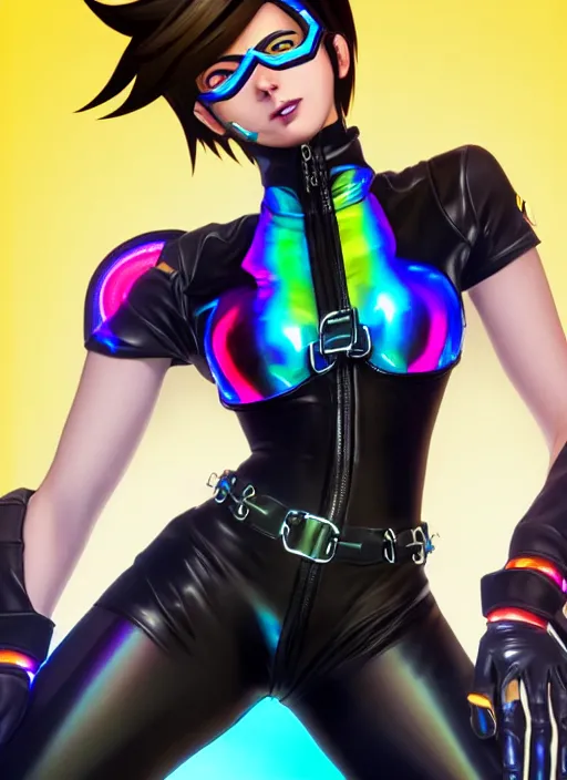 Image similar to full body digital artwork of tracer overwatch, wearing black iridescent rainbow latex swimsuit, 4 k, expressive happy smug expression, makeup, in style of mark arian, wearing detailed black leather collar, wearing chains, black leather harness, leather cuffs around wrists, detailed face and eyes,